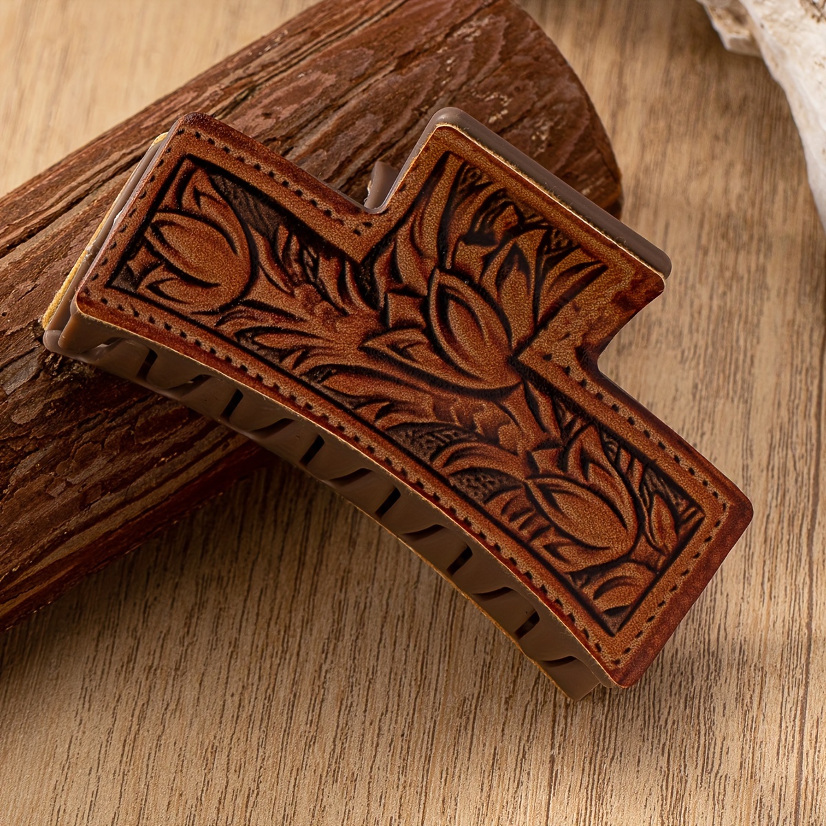 Image of 1pc Pu Leather Sunflower Paisley Hair Claw Barrette - Cowgirl Style Rectangular Medium Hair Clip With For Women, Elegant Floral Hair Accessories, Detailed