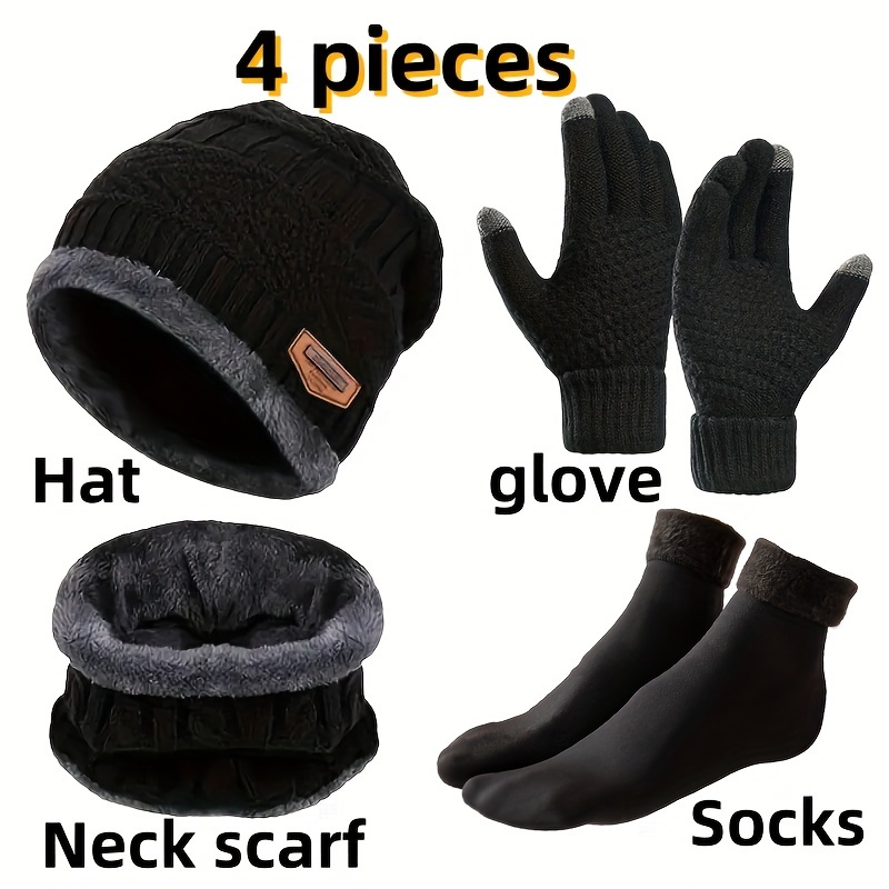 

Winter Warmth 4-piece Set: Knit Beanie, Neck Scarf, Gloves, Socks - 100% Polyester, Hand Wash/dry Clean, Textile Content Over 80%, Cozy Knitted Fabric