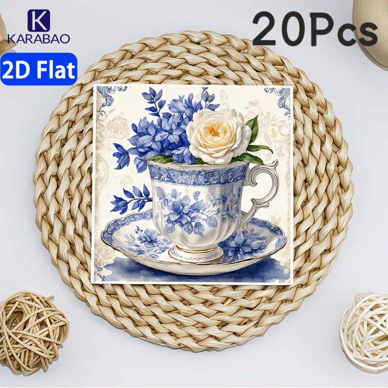 TEMU 2d Flat 20pcs/40pcs/60pcs Pack Blue And White Floral Teacup Pattern Napkins, Elegant , Essential For A Lifestyle, Suitable For Daily Use, 2-ply