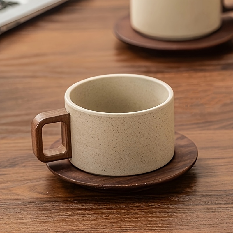 Image of 1 Set 250ml Retro Thick Coffee Cup And Saucer Set, Classic Straight Cylinder Design Anti-scald Handmade Coffee Cup Mug, High Aesthetic Wide Mouth Latte Art Cup Teacup, Suitable For Home, Cafe And Gift