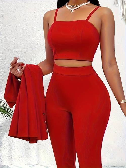 womens suit camisole top and shawl collar open front top and long pants 3pcs set suitable for