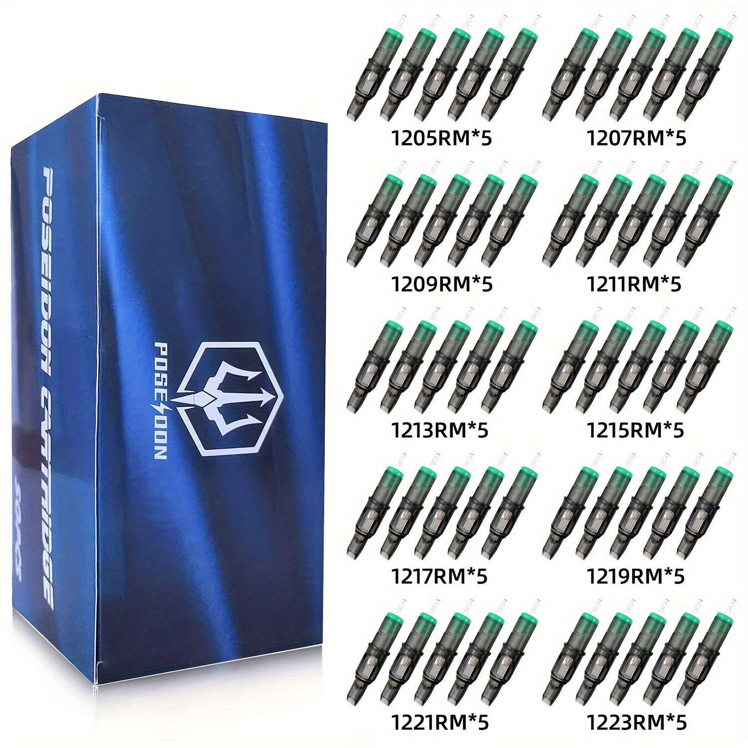 Image of 50 Assorted Poseidon Tattoo Cartridge Needles In Sizes Including Round Liner, Shader, And Magnum Types, In Curved And Round Options
