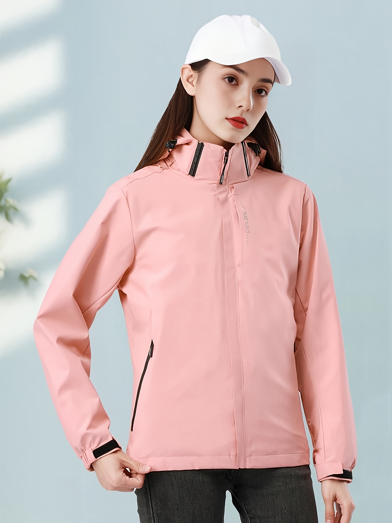 Chaqueta para mujer resistente al viento con capucha desmontable y bolsillos con cremalleras, ideal para senderismo y pesca en todas las estaciones, puños ajustables, color rosa vibrante con detalles en negro, equipo de senderismo