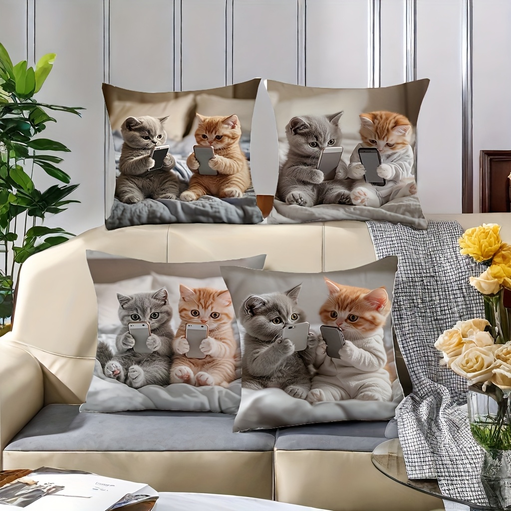 TEMU 4-- Kitten Pillow Covers, 17.7x17.7 Inch, Cute Grey & Orange Kittens With Smartphones, Machine Washable, Zippered Polyester Decorative Cushion