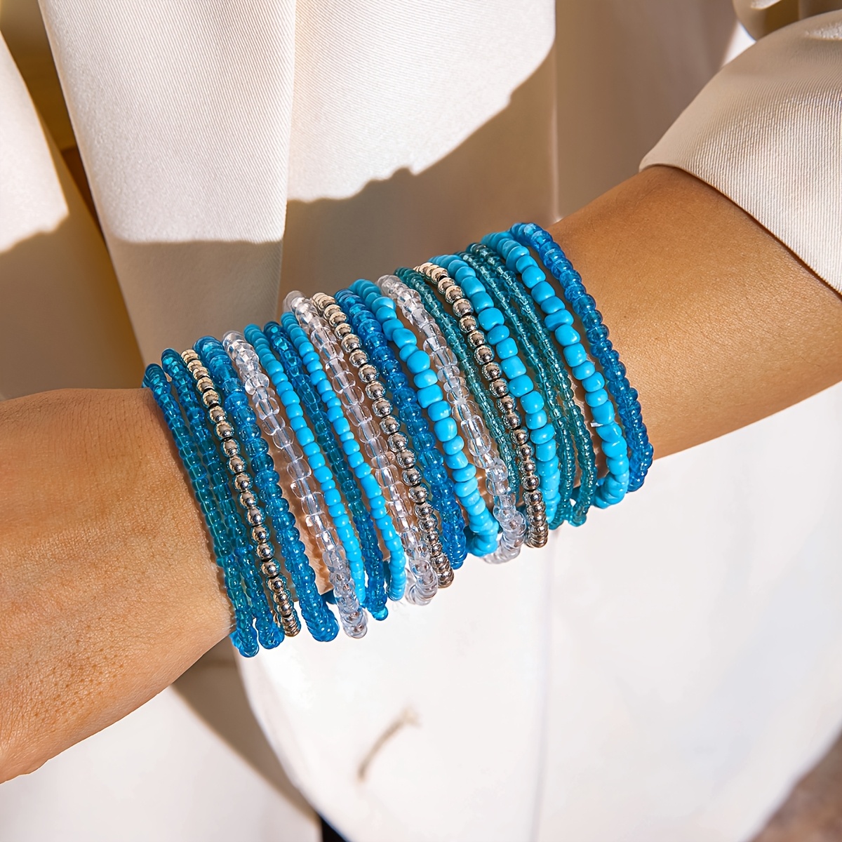 Image of 20pcs Bohemian Blue Bead Bracelet Set Dopamine Color Bead Stackable Bracelet Set Suitable For Daily Parties And Gifting Ideal Holiday Gift Women's Casual Jewelry Set