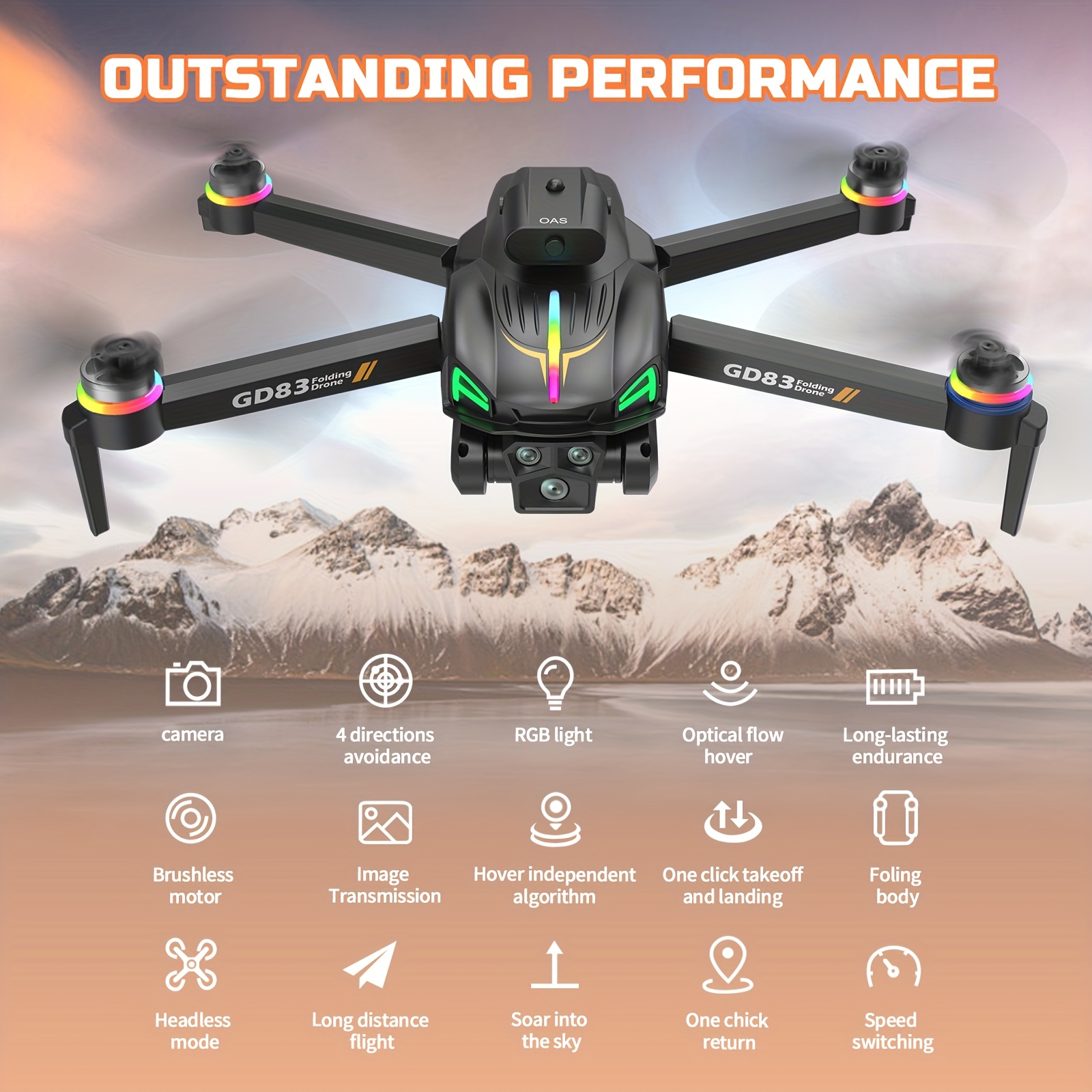 GD83 Dron - Dron do Fotografii Lotniczej z Podwójnymi Kamerami 4K HD, Niezależnym Algorytmem, Silnikiem Bezszczotkowym, Stabilizacją Obrazu, 3x Baterie 2000mAh na Długi Czas Lotu, 360° Inteligentne Ominięcie Przeszkód, Szerokokątna Kamera 120°/90° Regulowana, Światła RGB LED do Lotów Nocnych