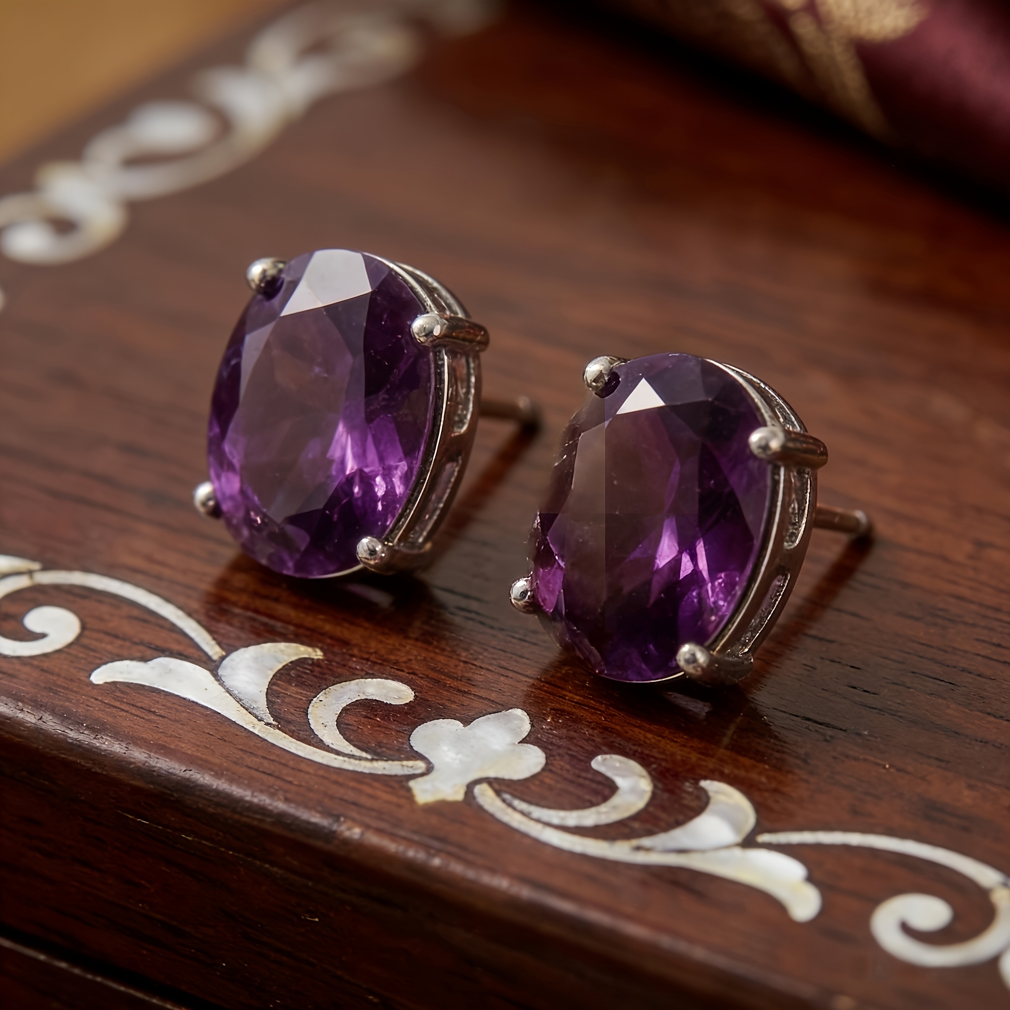 TEMU 2pcs Natural Amethyst (5mm X 7mm) Oval Stud Earrings Individual Sweet Ear Jewelry Additions