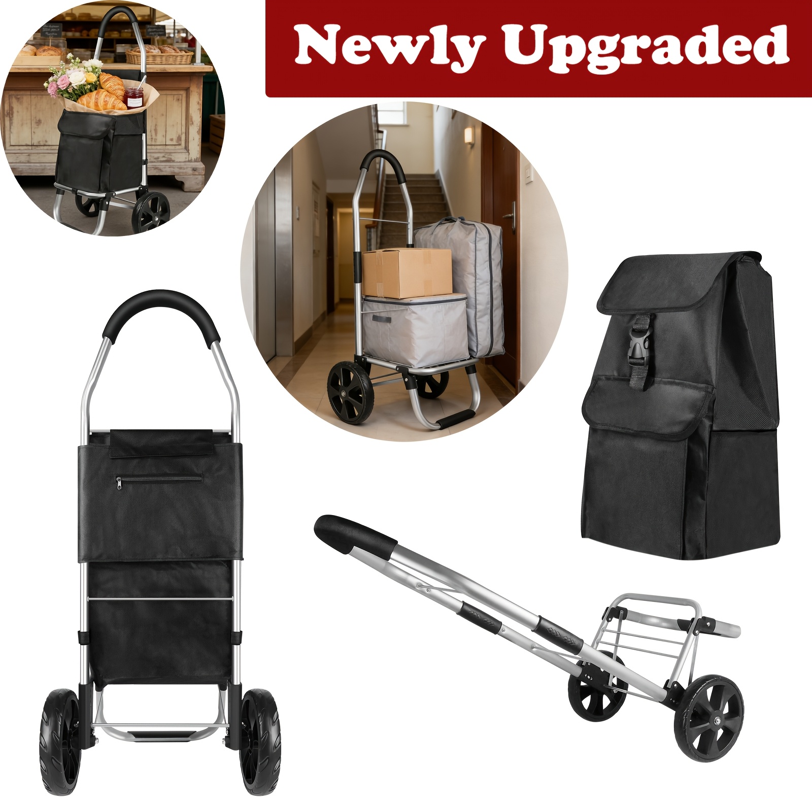 TEMU 40l Large Folding Shopping Trolley, Lightweight Aluminum Frame Handcart With Detachable Bag - 2-wheel Silent Stair-climbing Grocery Cart For
