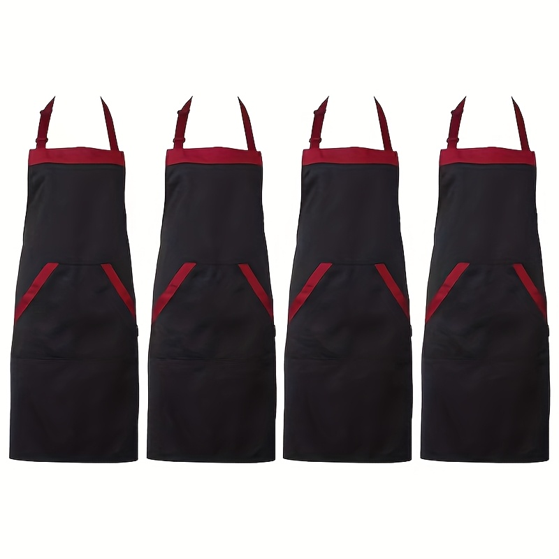 TEMU 4 Black And Red Chef Aprons, Durable, Equipped With Adjustable Front Pockets, Suitable For Kitchen And Restaurant Servers' Work Clothes