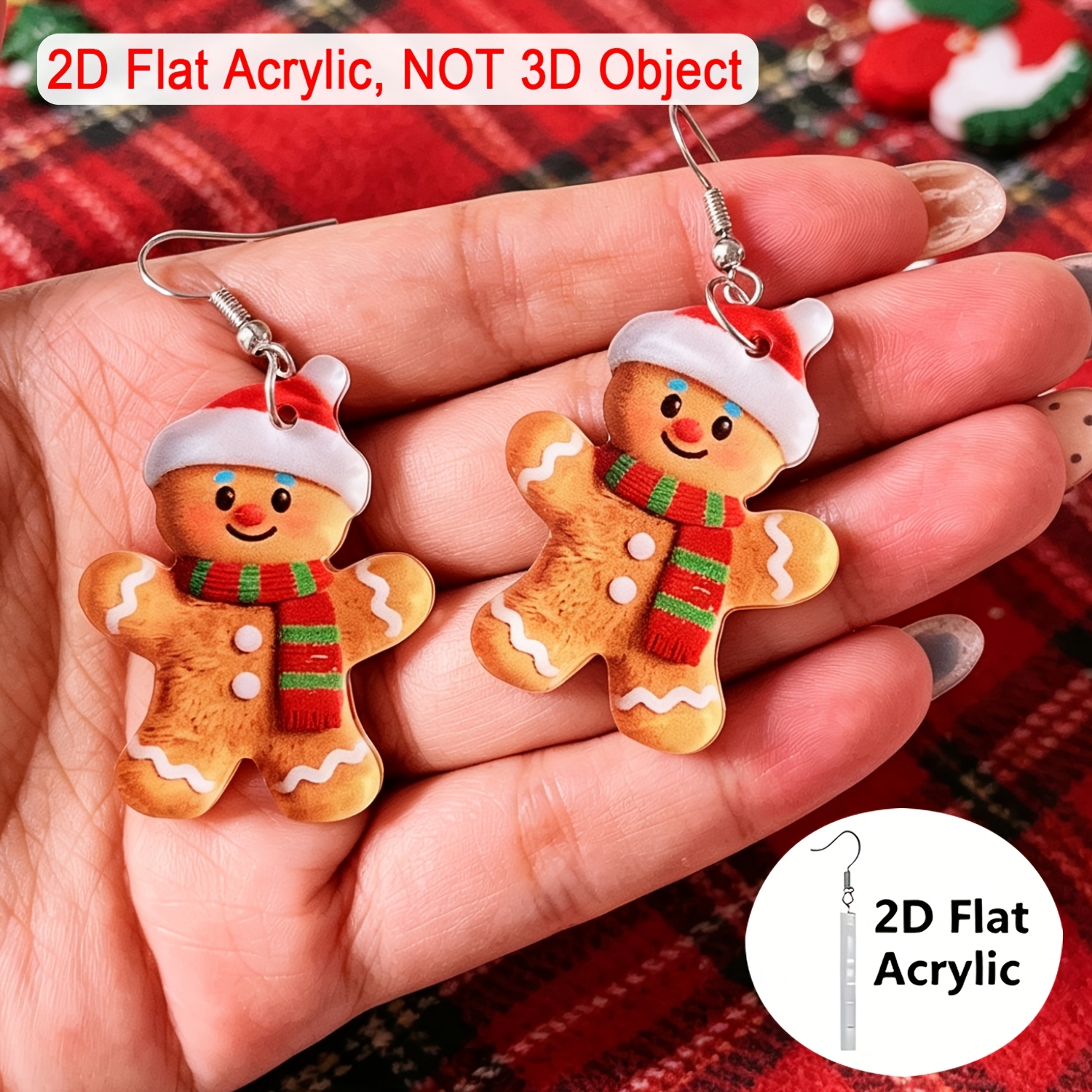 TEMU 2d Flat, 1 Pair Cute Gingerbread Man Acrylic Earrings - Cartoon , Christmas-themed Earrings, Fit Daily Casual And Party Wear, Gift And Small