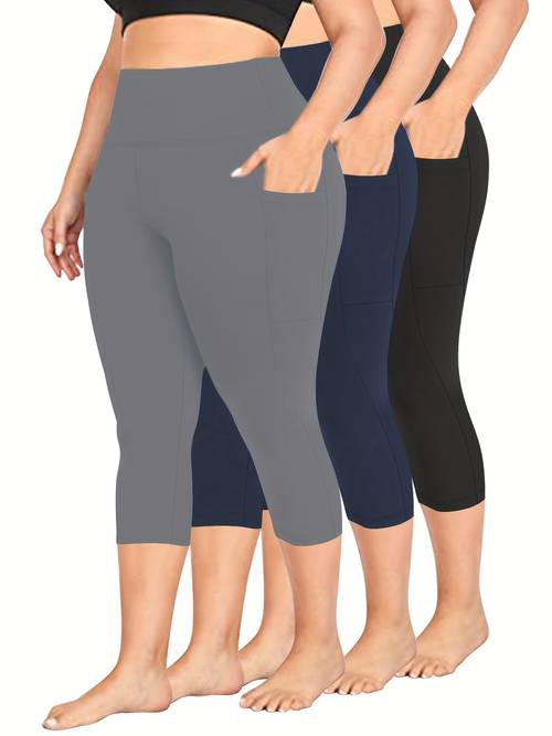 3pcs package plus size high waisted capri leggings with pockets for women soft yoga pants for running cycling workout tummy control leggings elegant and comfortable new style for summer