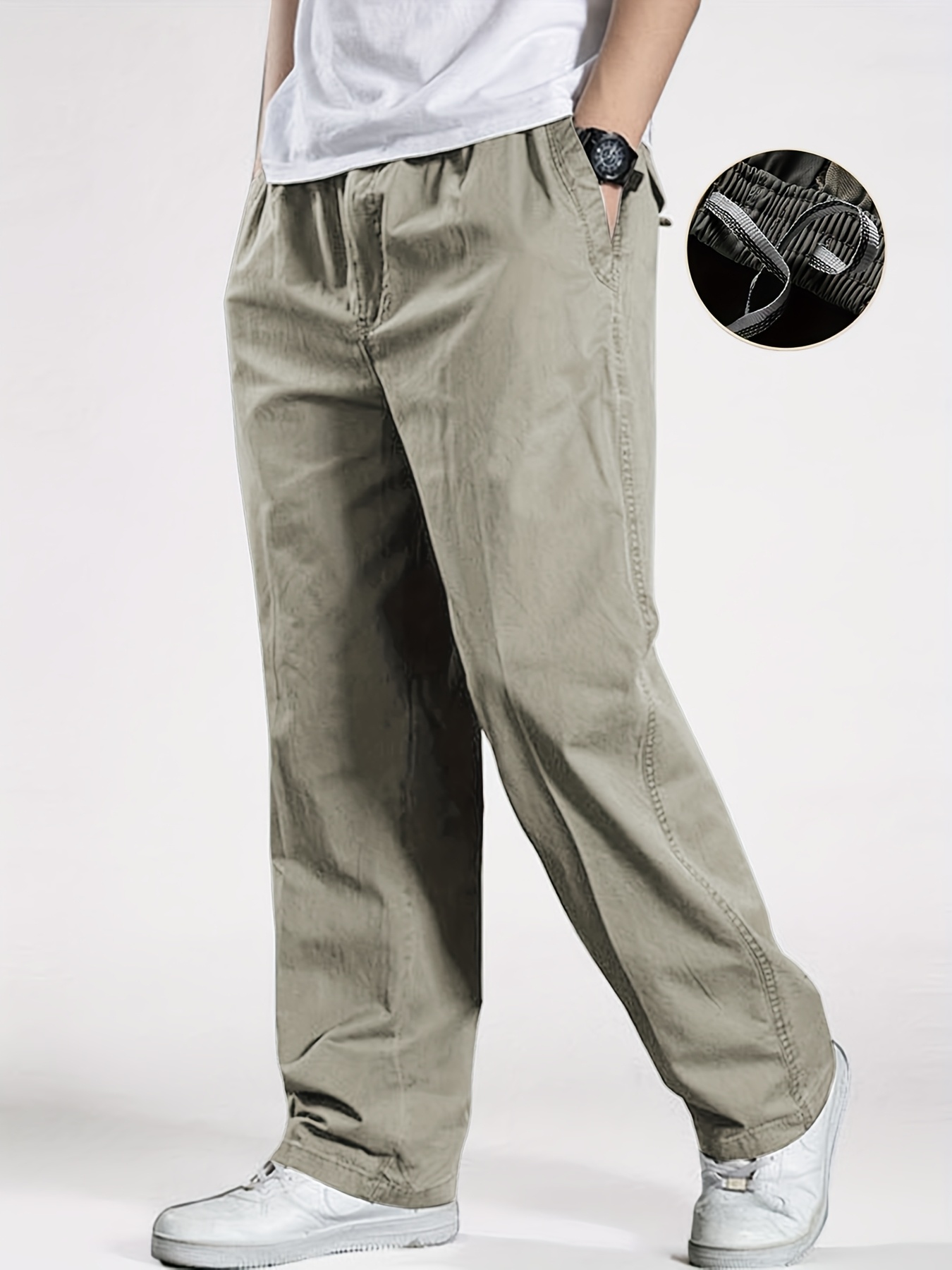 item picture mens korean style casual pants 100 cotton minimalist cargo trousers solid color loose fit with drawstring and elastic waist suitable for middle aged to elderly daily wear