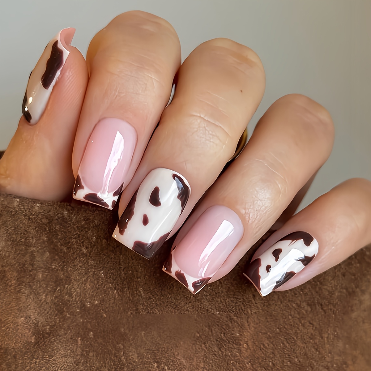 TEMU Set Of 24 Korean-style Sweet-and-edgy Cow--on Nails In Nude Pink With A French Tip And Dark Brown Spots; Medium-short Square-shaped Nails In A