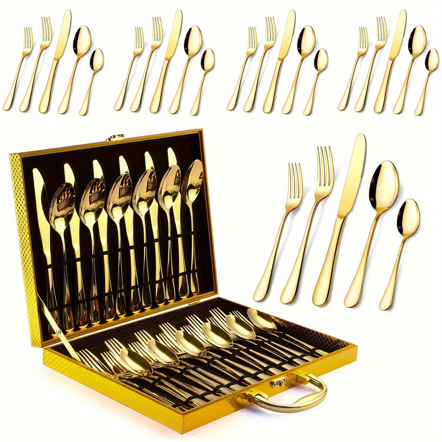 

Elegant 30pcs Golden Stainless Steel Cutlery Set With Gift Box - Includes Knives, Forks & Spoons For 6 People - , Weddings, Banquets &