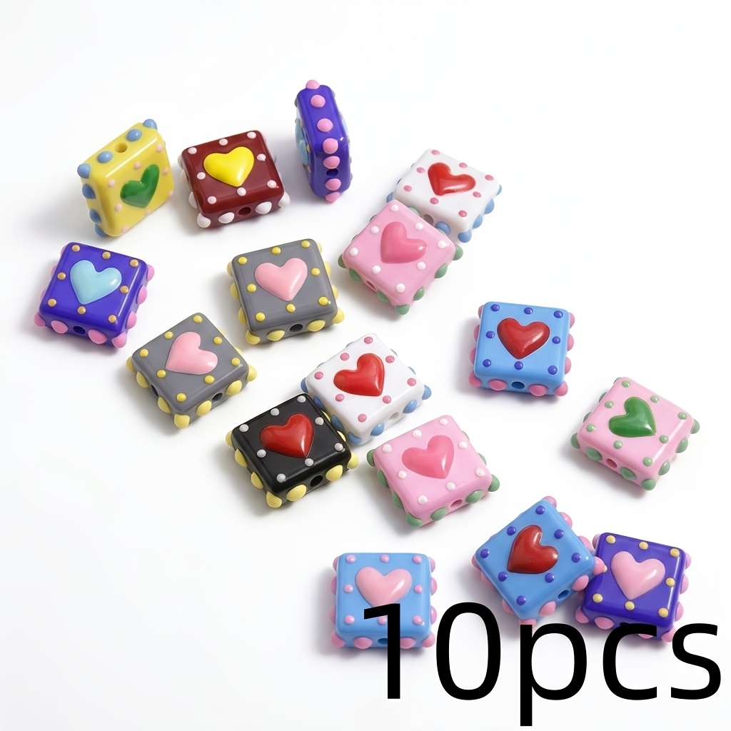TEMU 10pcs Handmade Beads, Mixed Center 3d Heart Polka Dot Square Decorative Beads, Suitable For Bracelet, Necklace, Earring Jewelry Making Handcraft