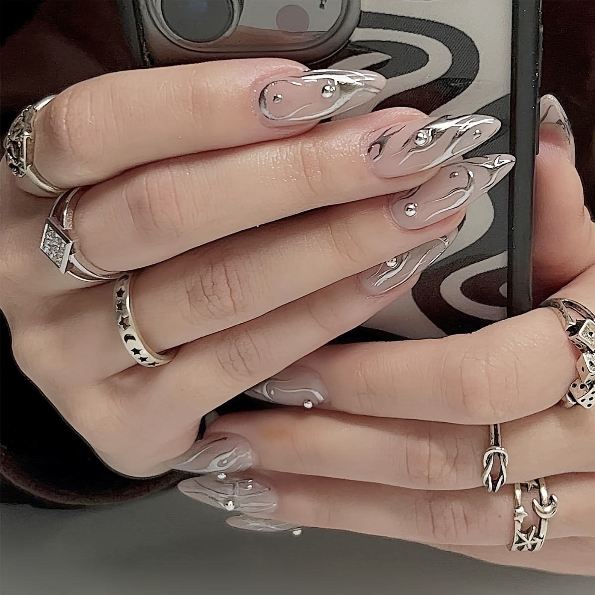 TEMU Upgrade Your Look With 24 Long Almond-shaped Press-on Nails Featuring Striped Glitter Designs, Fake Nail Patches, Extensions, Removable Nails