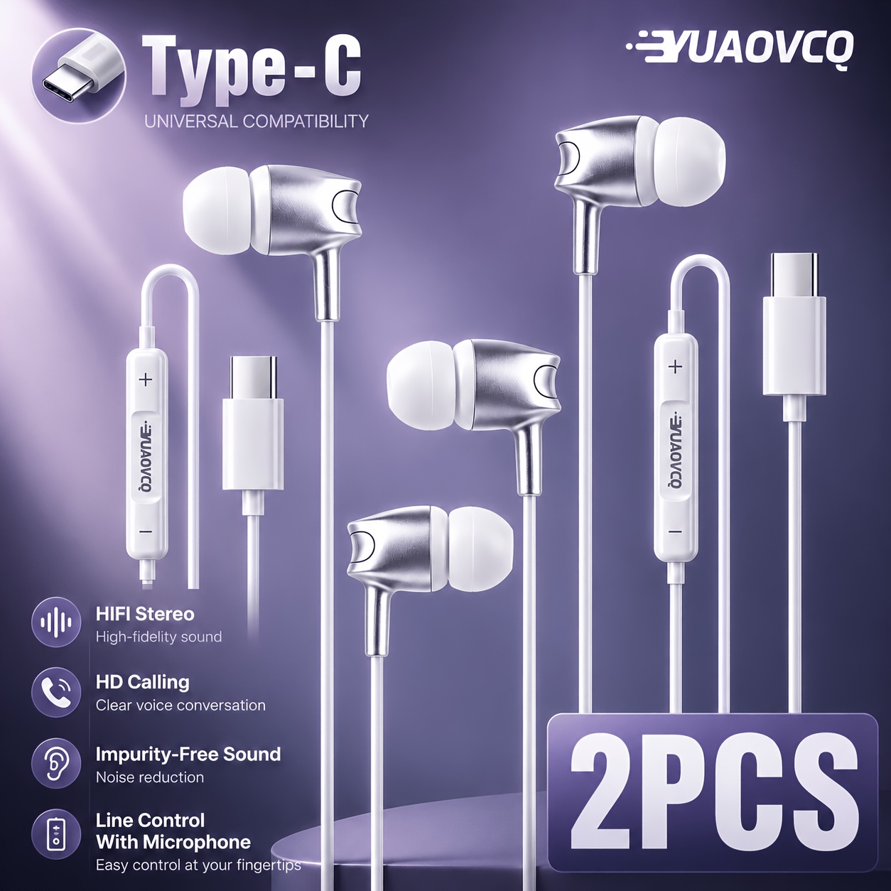 TEMU YUAOVCQ Auricolari Cablati 2 Pezzi Cuffie In-Ear Chip Digitale Type-C/Usb Jack Stereo Auricolari In-Ear Cuffie per Telefono Auricolari Cablati
