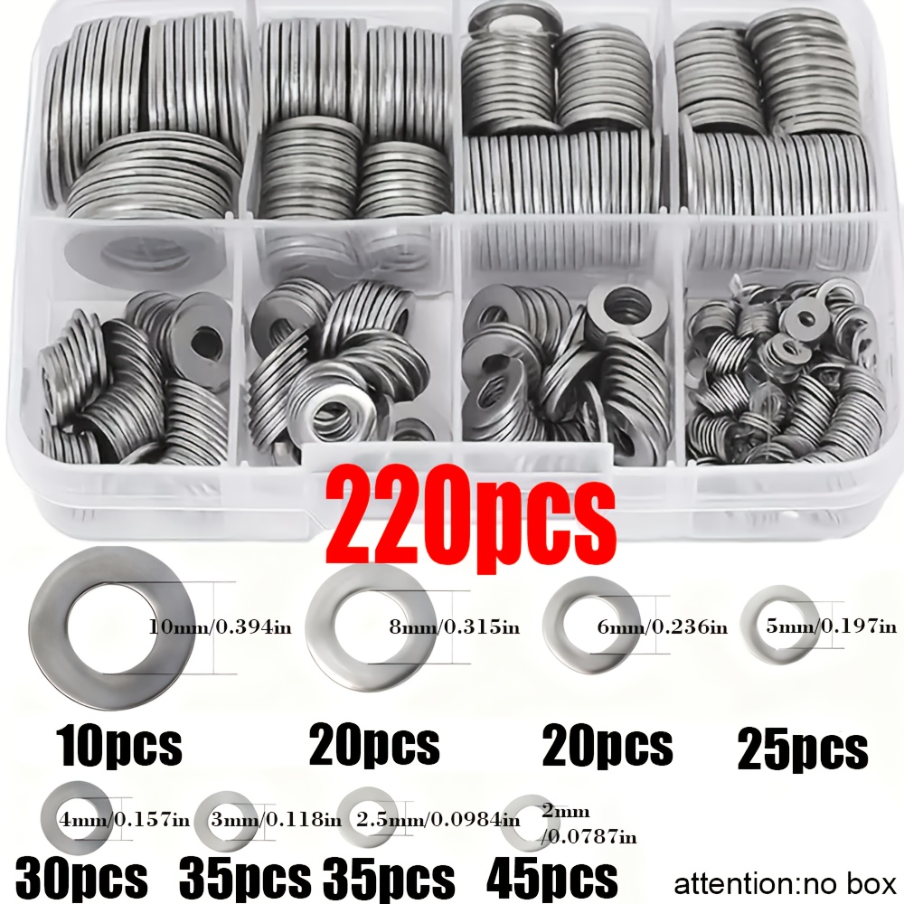 TEMU 220pcs Stainless Steel Washer Set, M2-m10 Sizes, Polished, Durable, , Ideal For Diy/mechanical/electronics, Professionals & Enthusiasts, Metal