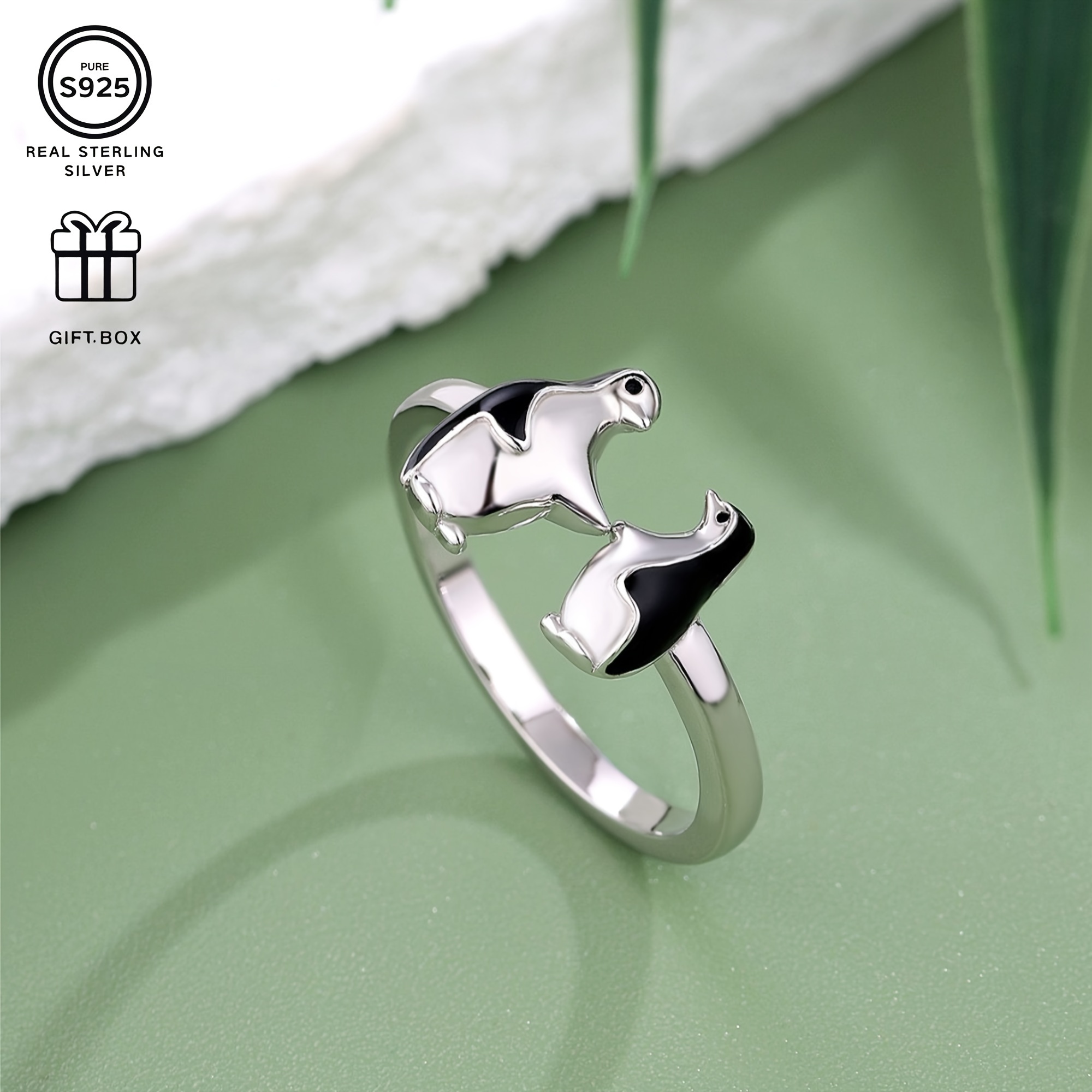 Elegant 925 Sterling Silvery Penguin Adjustable Ring - Temu