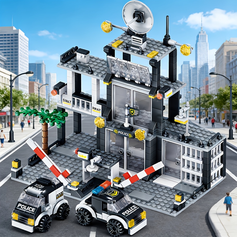 Image of Building Block Set, Interlocking Building Block Set, City Scene With 2 Patrol Cars And Additions, Birthday Gift, Christmas Gift, Thanksgiving Gift, Desktop Decoration