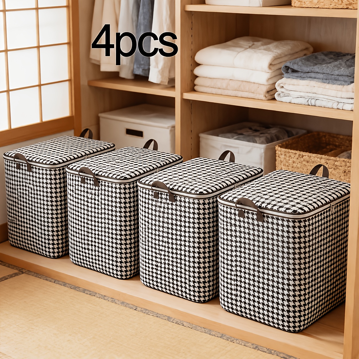 TEMU 4pcs Large Storage Box Set - Black And White Checkered Pattern With Dual Zippers; Features Lids, Stackable Design, And Carrying Handles, Making