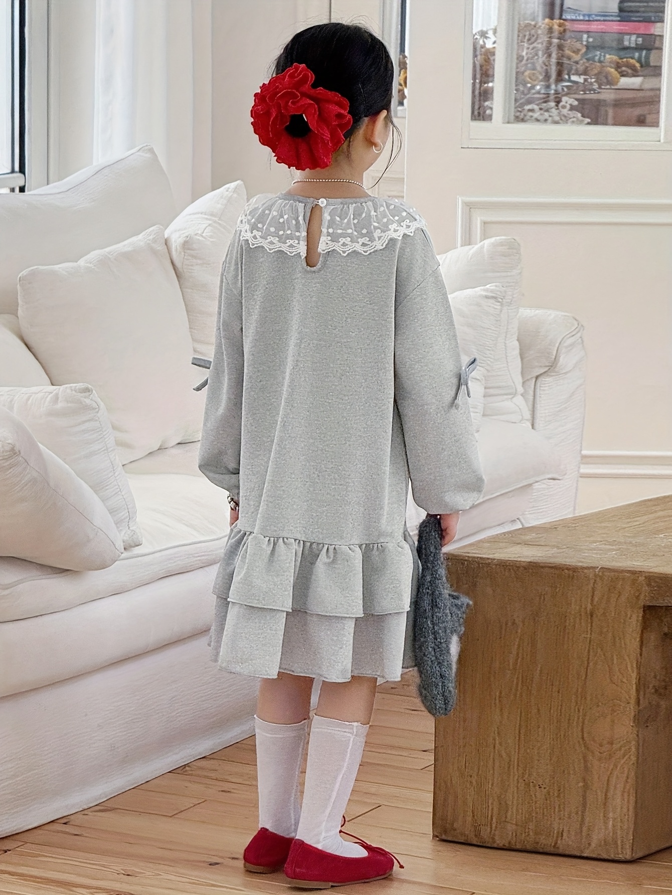 chinese dress ladies Agam Gray Ruffled Faux Two-Piece Layered Lace Sweatshirt Dress main image 0