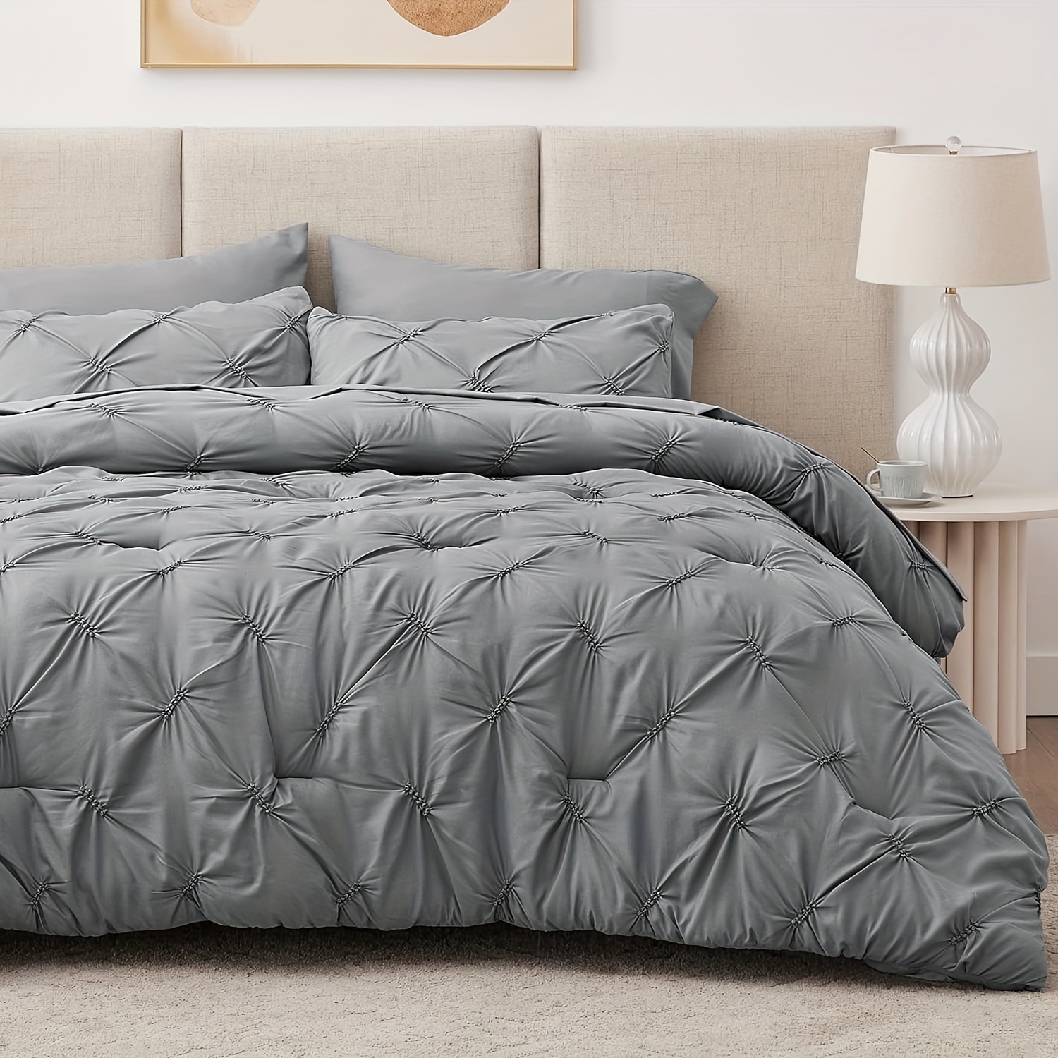 

Comforter Set - 7 Pieces Pintuck Bedding Sets, Bed Set For All Season, Bed In A Bag With Comforter, Flat Sheet And Fitted Sheet, Pillowcases & Shams