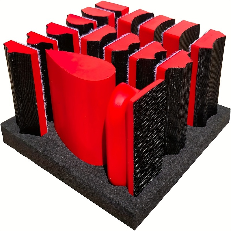 TEMU 16pcs Red Hand Sanding Block Kit And 40pcs Sander Paper Set, 4" Contoured Profile Hand Sanding Block Set With Interchangeable Assorted Shapes