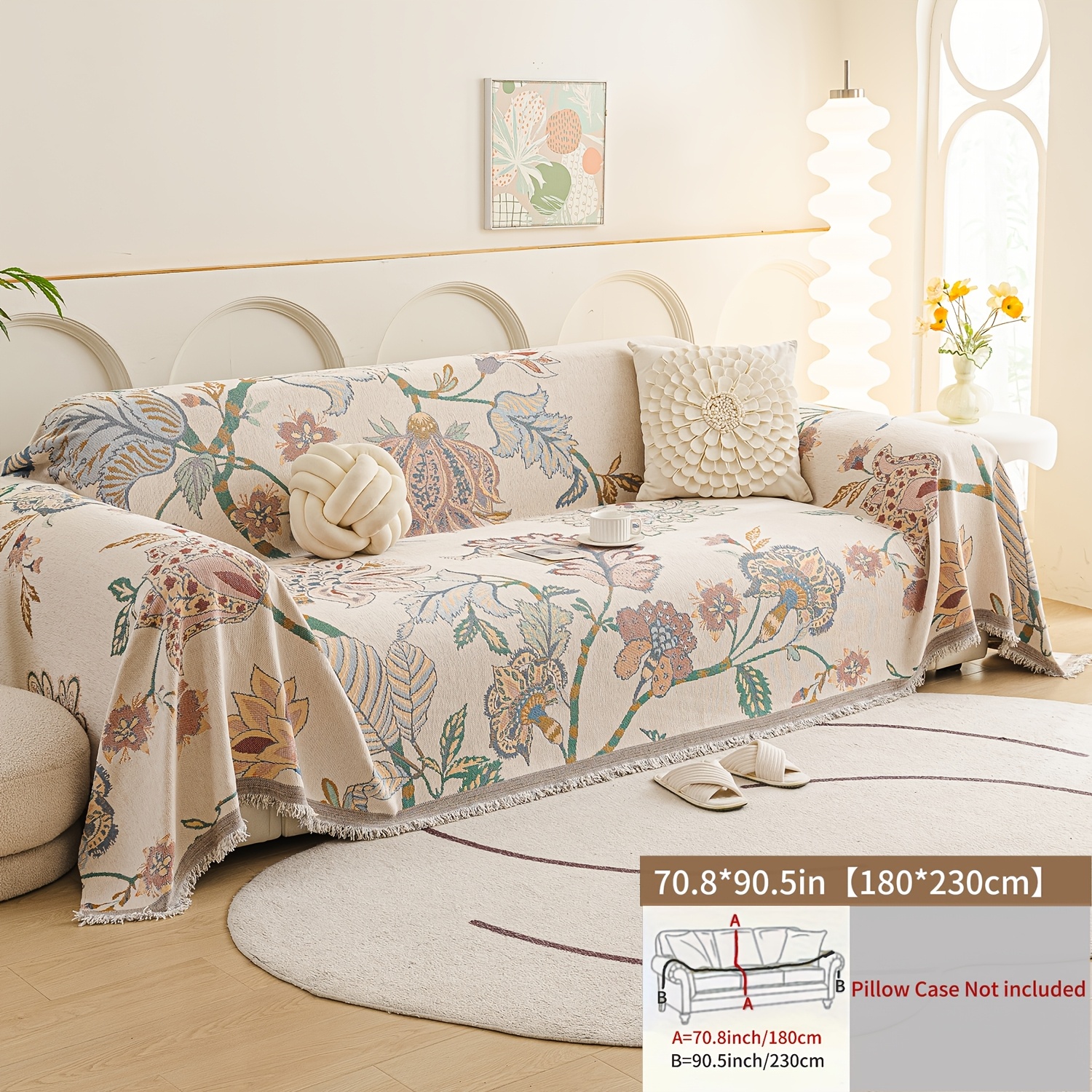 TEMU [large Leaf]1pc Universal Non-slip Sofa Cover With Tassels - Pet-friendly, Machine Washable Chenille Fabric Sofa Protector, Suitable For Single
