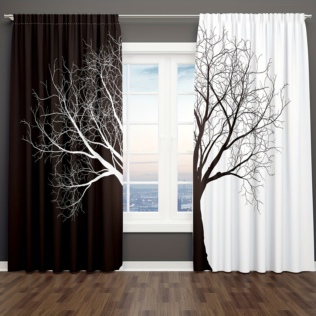 Image of Set Of 2 Tree-themed Curtains Featuring Abstract Branches And Trunks In A Black And White Vintage , Suitable For Bedrooms And Living Rooms
