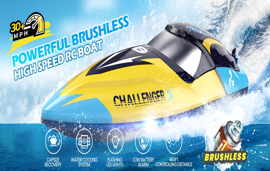 DEERC Brushless RC Boat, 30+ Mph Fast Remote Control Boats with Never Capsize&Low Battery Alarm Function, 2.4GHz Racing Boat with LED Lights for Pools&Lakes, Speed Toy Gift for Adults Boys&Girls