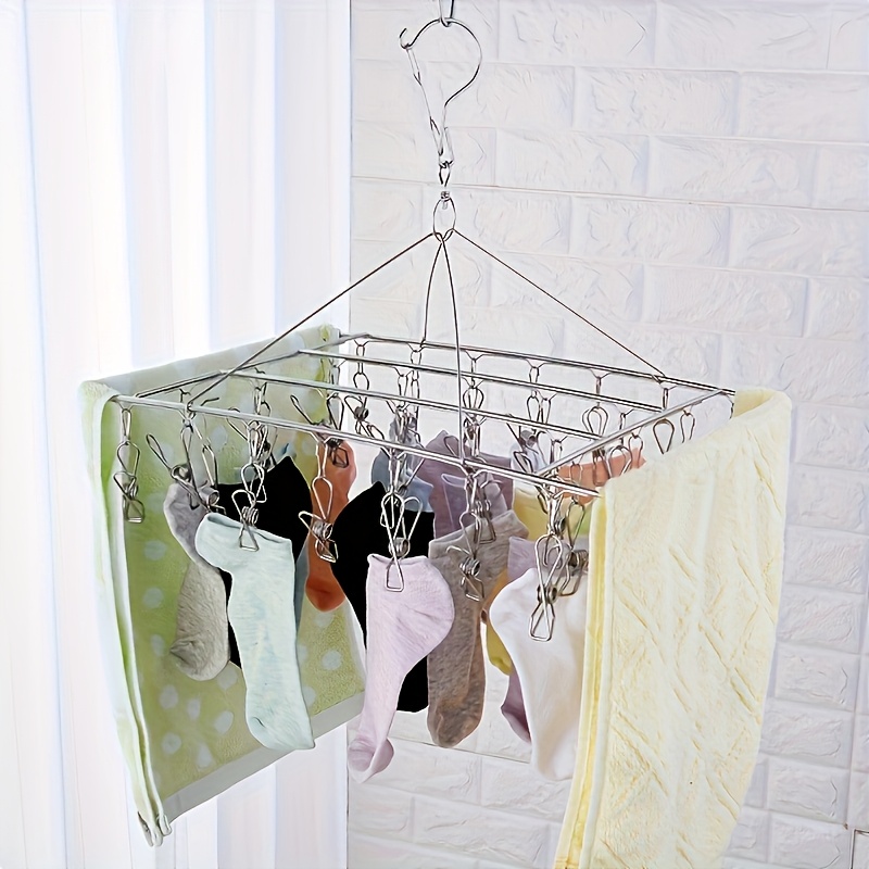 

A Stainless Steel Drying Rack With 30 Clips - A Hanging Organizer For Socks And Underwear, -saving Multifunctional Drying Rack, Suitable For Home, Bedroom, And Balcony Use.