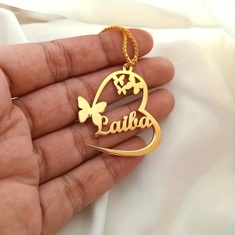 Personalized Butterfly Heart Name Necklace, 18K Gold Plated