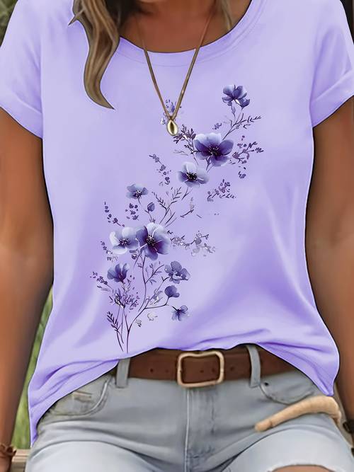 elegantes wasserfarben-t-shirt mit floralen mustern + kurze ärmel + rundhalsausschnitt + lässige damenmode für frühling und sommer