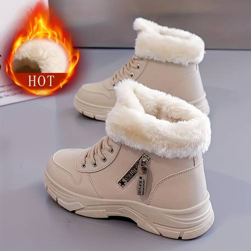 item picture autumn winter style fleece lined thickened womens snow boots fashion chunky sole warm shoes comfortable lace up short boots