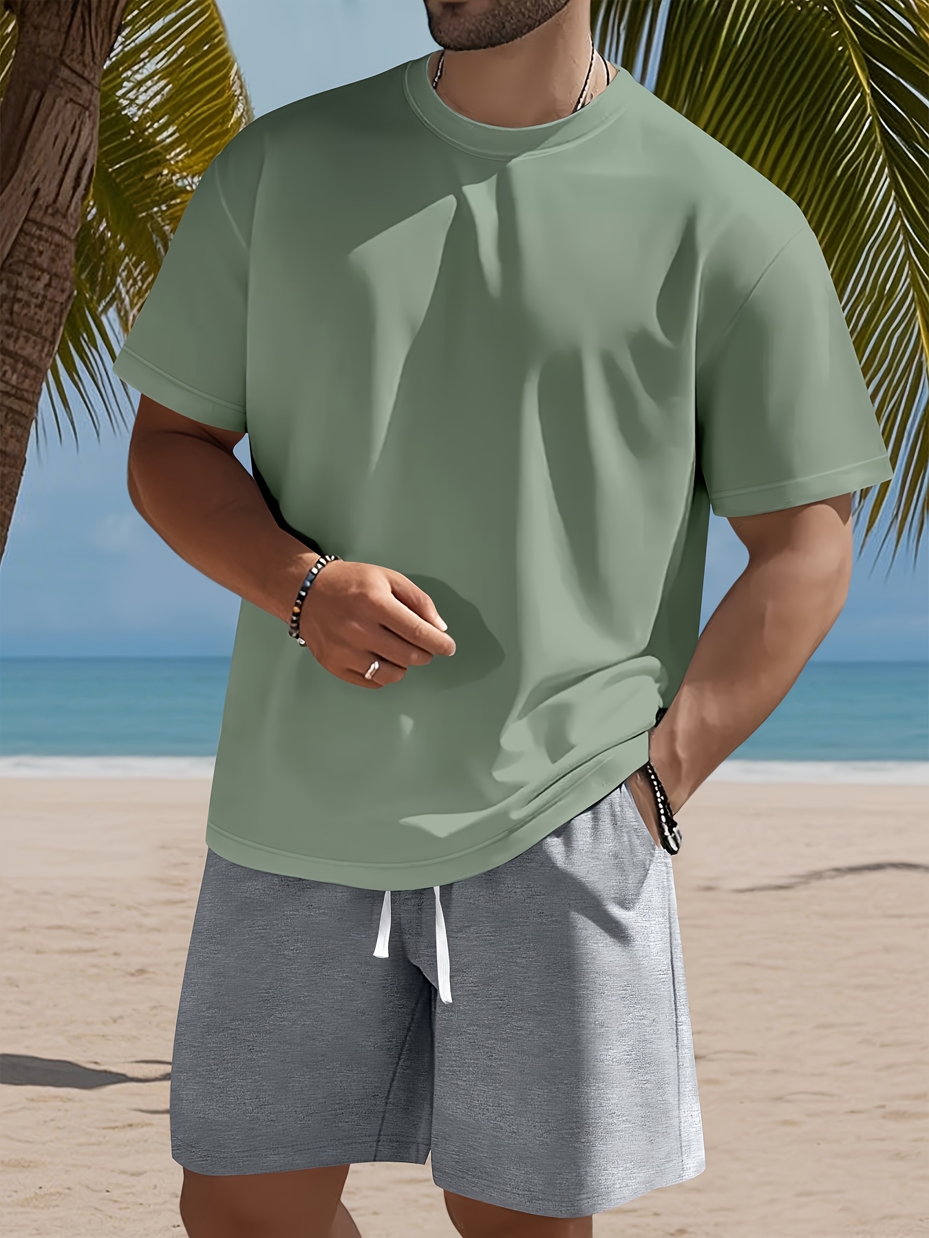 Men's Set, Solid Color Crew Neck Knit T-Shirt with Drawstring Cotton Shorts, Slightly Stretchy Fabric, Comfortable and Breathable, Perfect for Spring/Summer Outdoor Leisure and Sports, Keeps You Light and Carefree