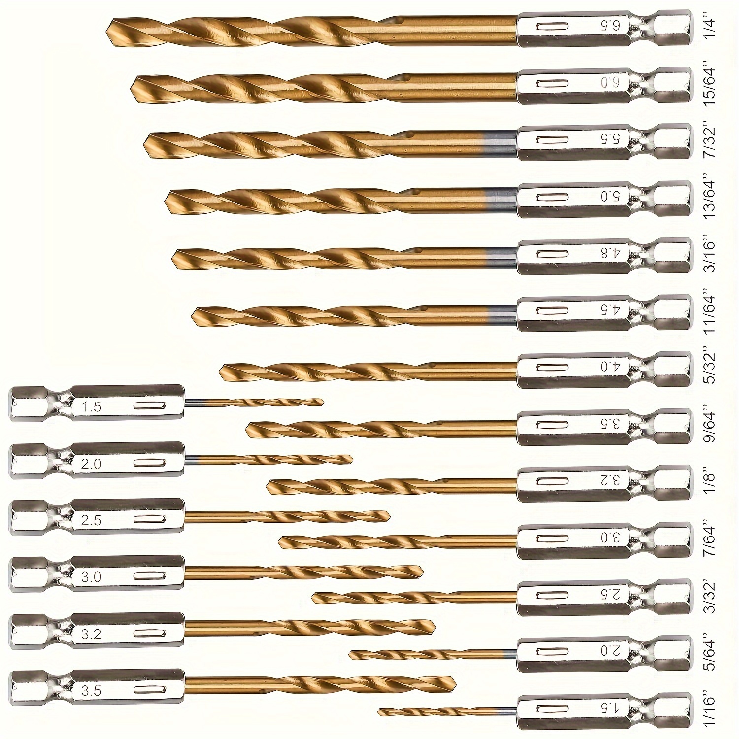 

13/16/19pcs Titanium Coated Drill Bit Set, 1/16"-1/4", Hex Shank For - Ideal For Wood, & Plastic, 135° Sharp Tip