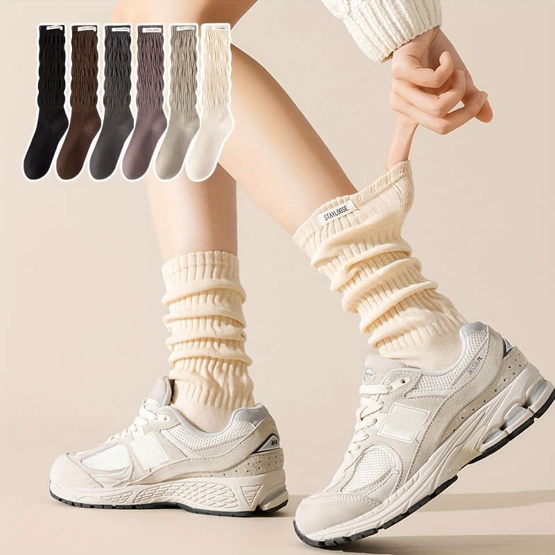 

3/6 Pairs Letter Patched Socks, Simple & Trendy Ruched Mid Tube Socks, Women's Stockings & Hosiery