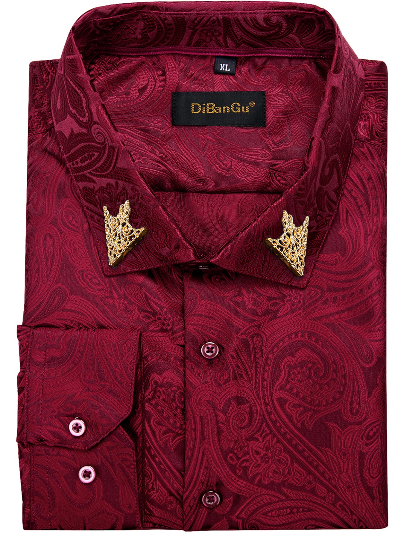 slim fit dress slacks Gold Leaf Foil Velvet Accent Long Sleeve Dress Shirt Red by Bespoke Moda main image 1