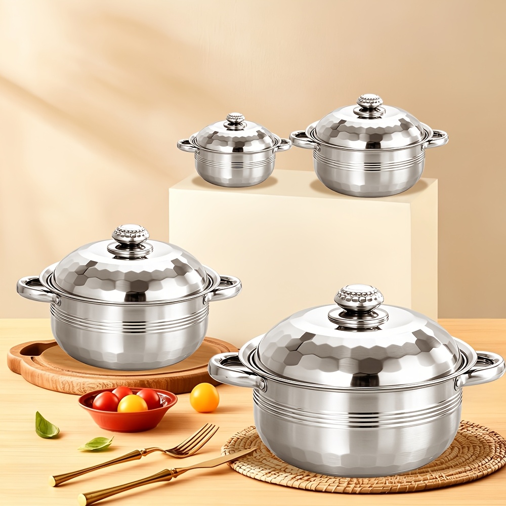 TEMU 8pcs Stainless Steel Cookware Set With Lids - Deep Soup/hot Pot Suitable For Induction Cookers And Gas Stoves, 410-grade Double-handled Pot