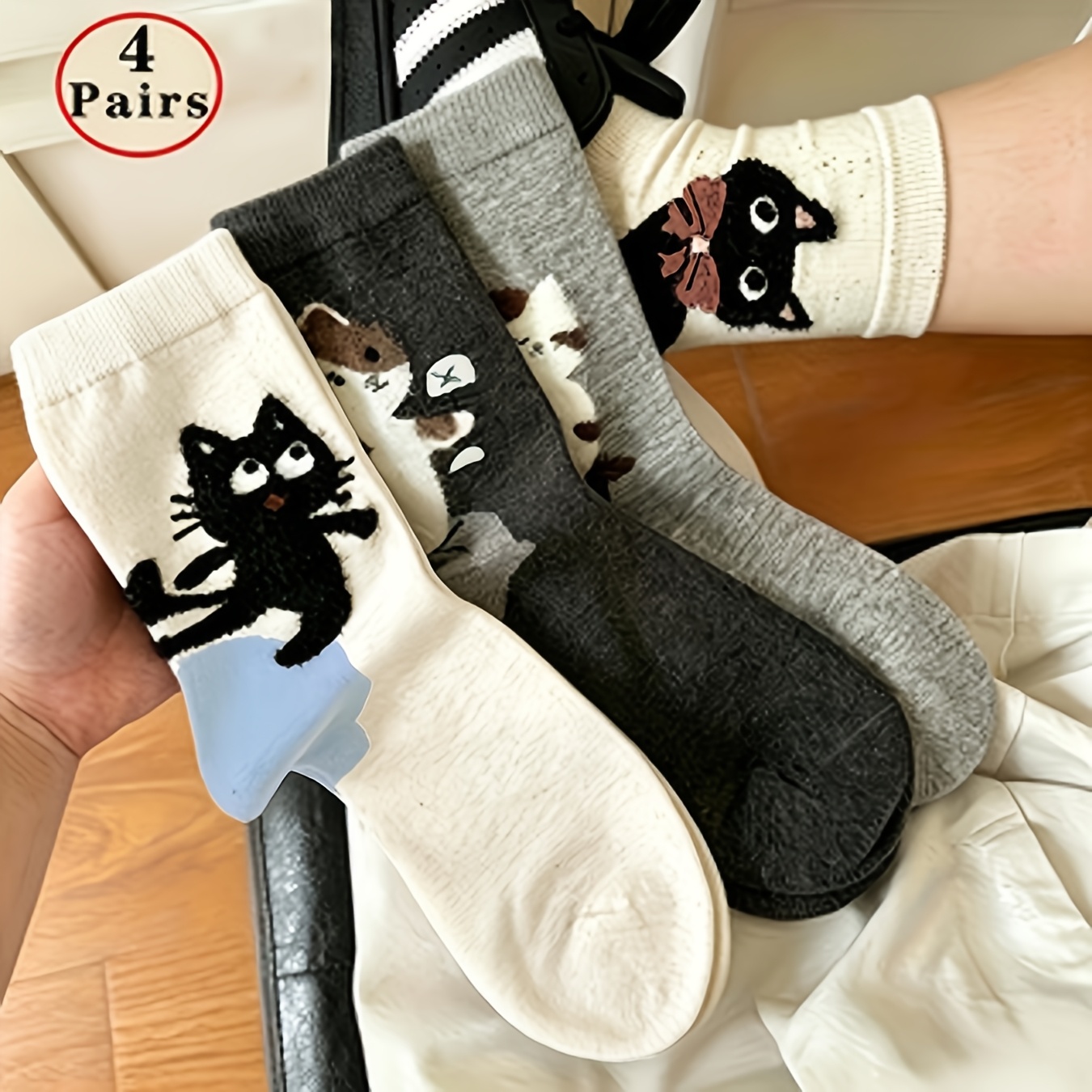 TEMU 4 Pairs Autumn Winter Sweet Cartoon Cat Heel Versatile High Aesthetic Mid-calf Socks