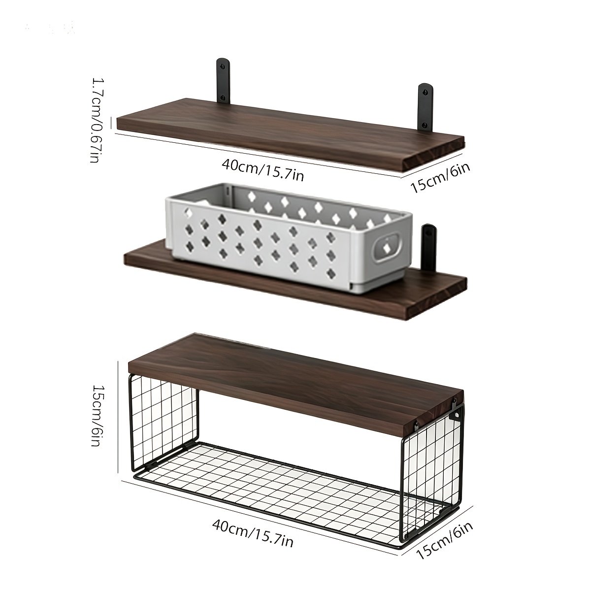 TEMU Wall Mounted Floating Wooden Shelves With Metal Wire Storage Basket, Rustic Hanging Display Rack, Wall Storage Organizer, Ideal To Hold Books,