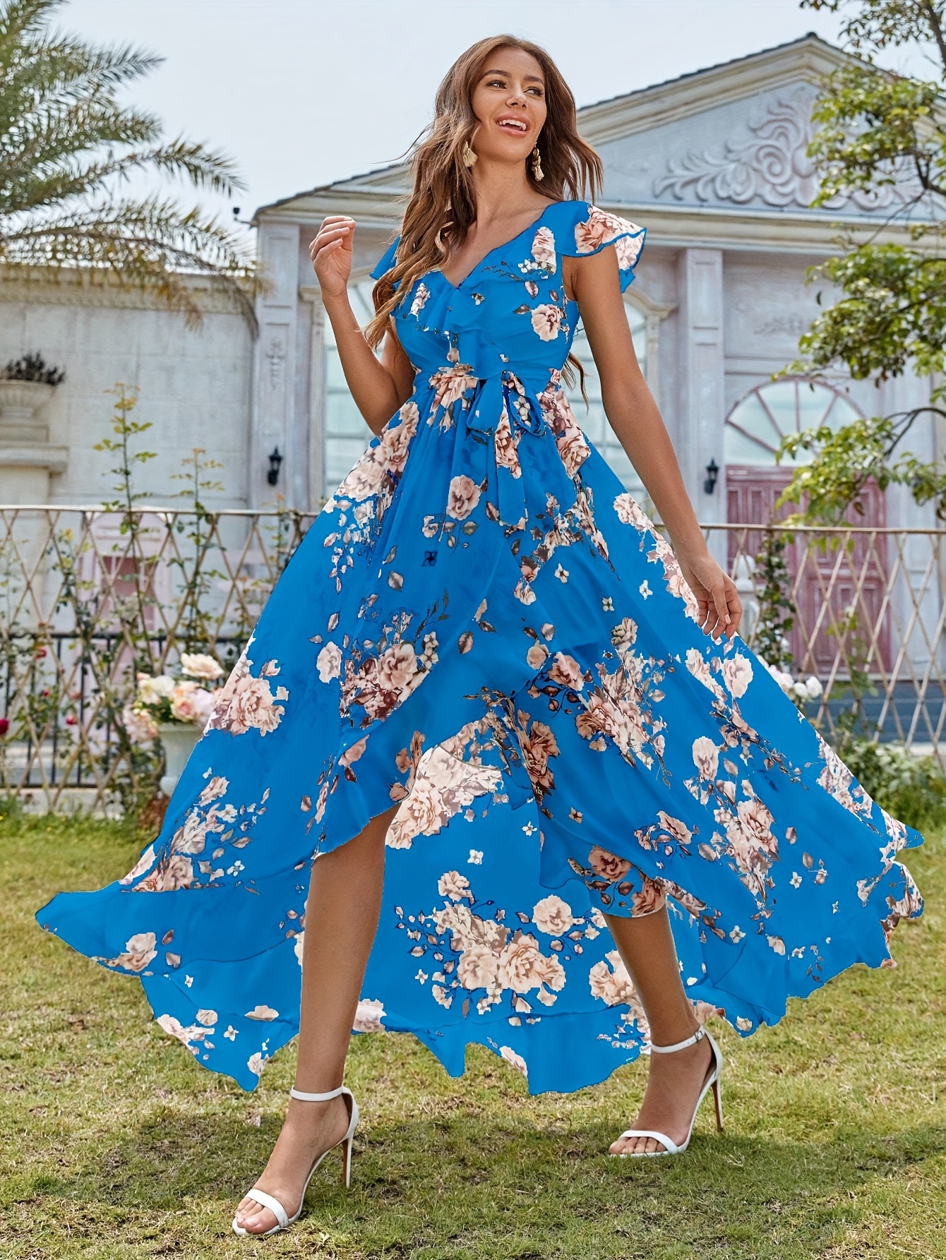 Women'S Floral Print Maxi Dress with High Light Blue, V-Neck Sleeves,  and Lace Detail Spring/Summer, Casual to Formal Wea