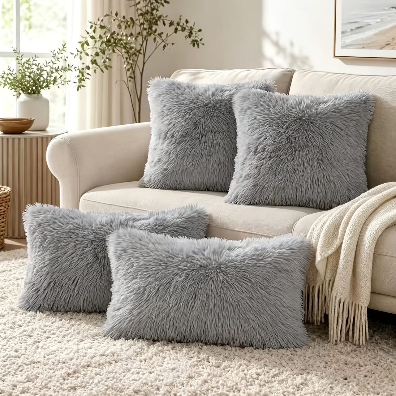TEMU 4pcs Fluffy Throw Pillow Covers, Assorted Sizes 40x40cm & 30x50cm, Soft Plush Cushion Cases For Sofa Bedroom Living Room Decor, No Inserts