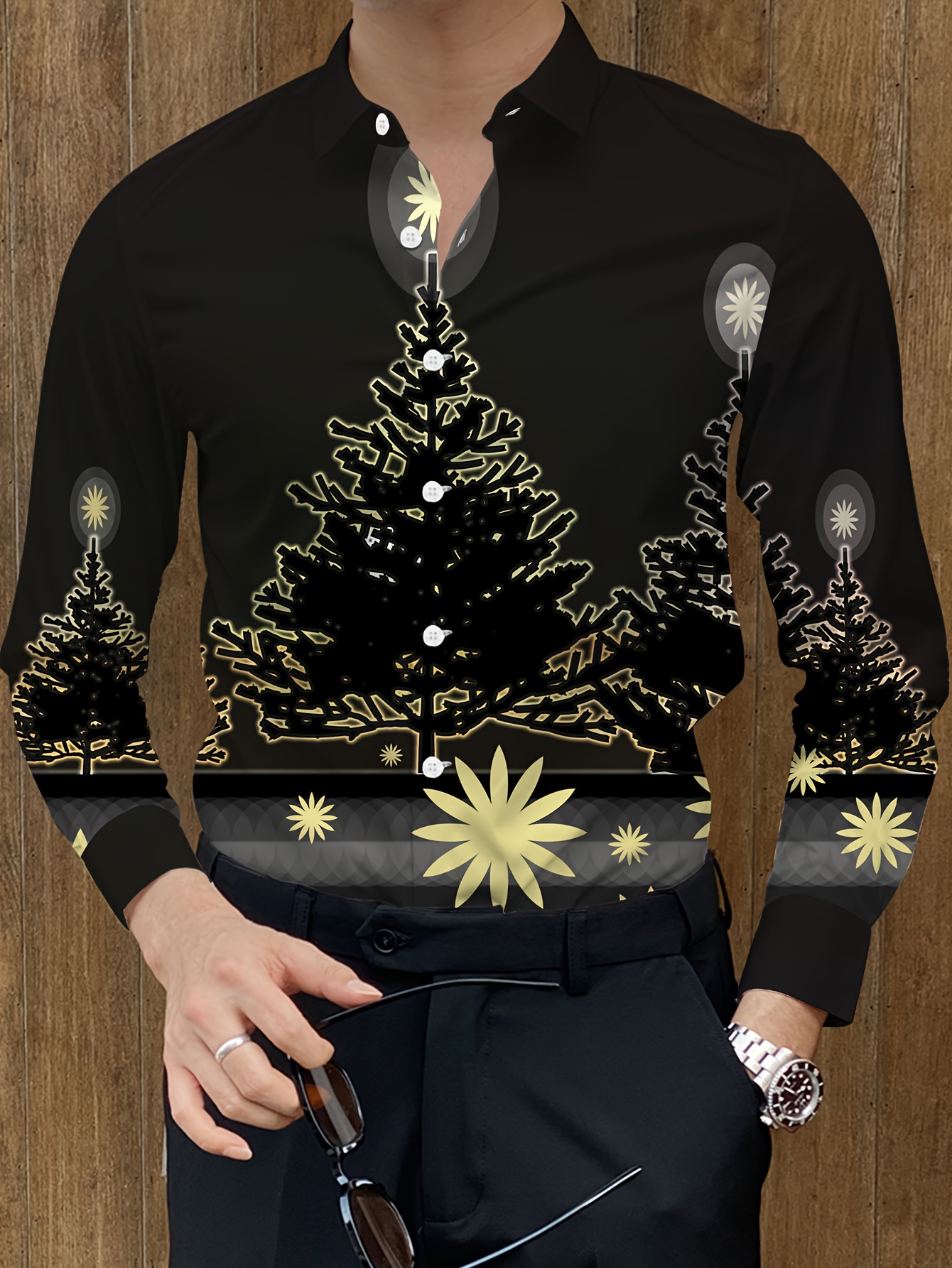 christmas tree print mens long sleeve button shirt spring - Temu United  Arab Emirates
