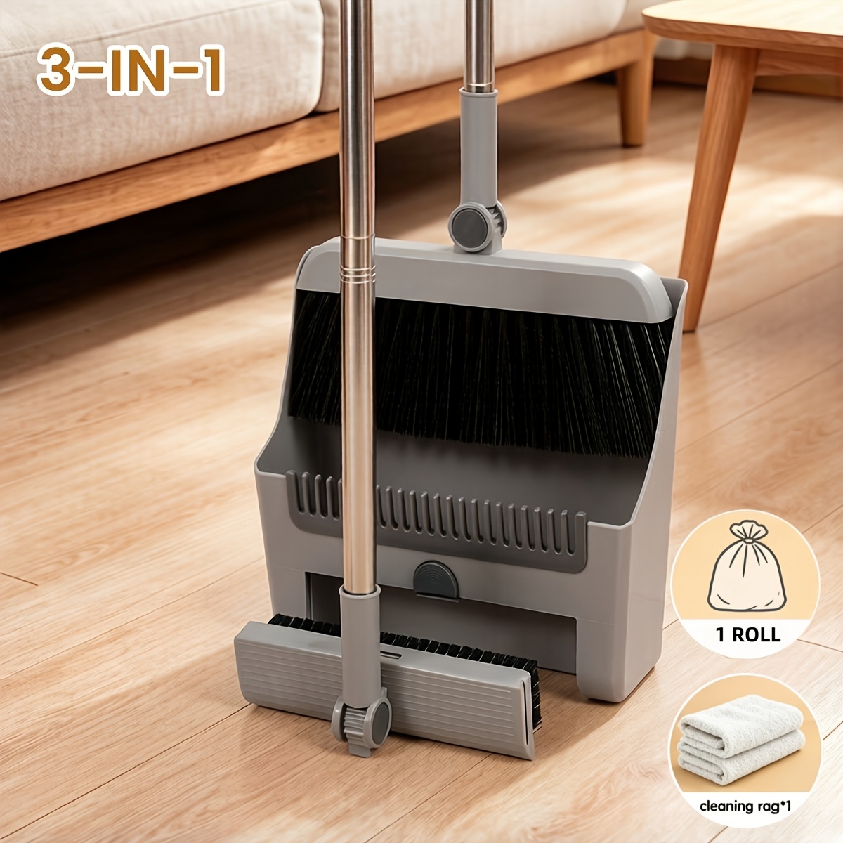 TEMU Ensemble Balai et Pelle 2-en-1/3-en-1, Inclut Sacs Poubelle et Serviette, Universel pour Maison Cuisine Bureau Dortoir, Pelle Pliable avec Dents