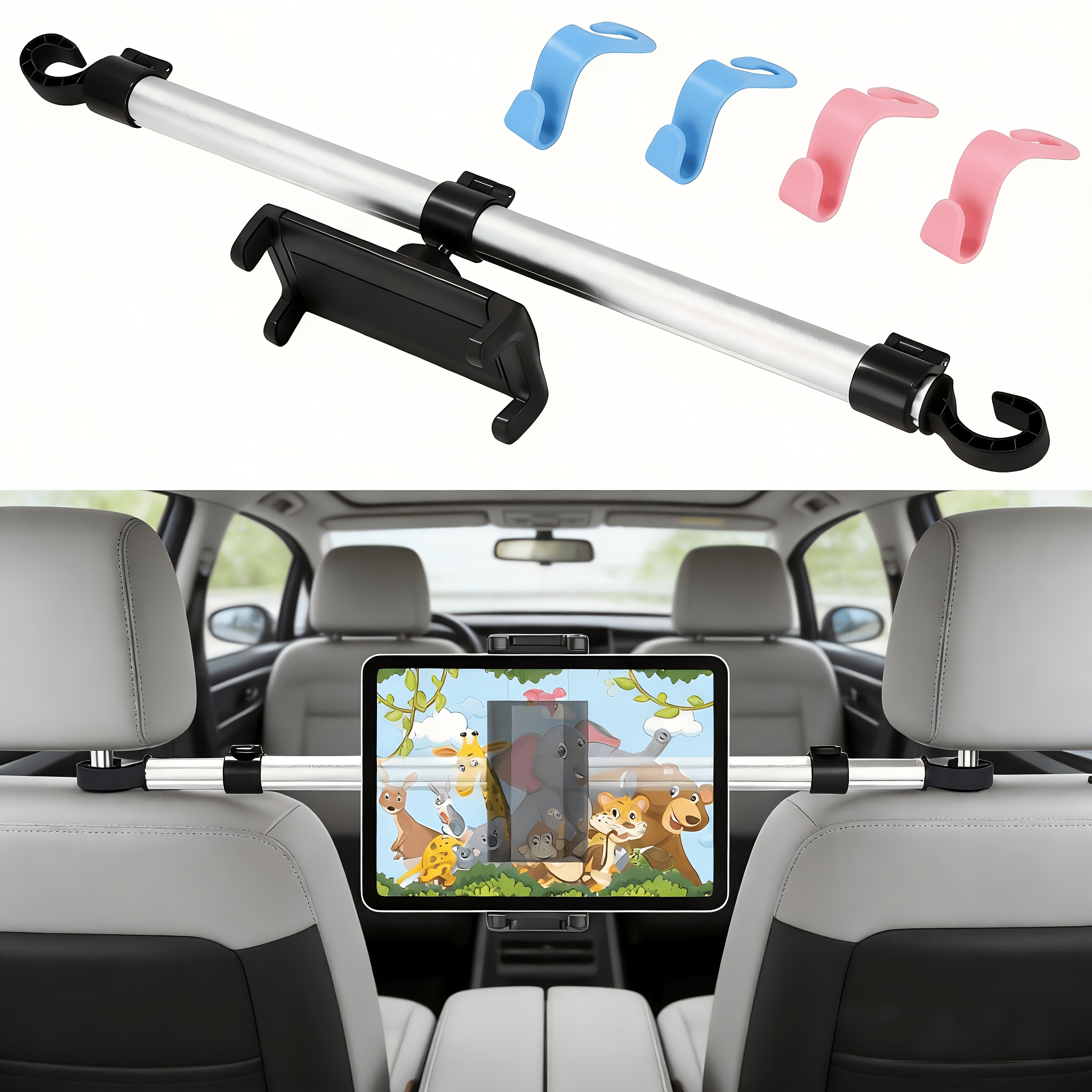 Metal Tablet Holder Car Headrest, Anti-shake Tablet Holders With 4 Car Seat Hooks, Universal Adjustable Headrests Car Tablet Holder For 4.5-13 Inch Mini 12.9 11, Switch Smartphone