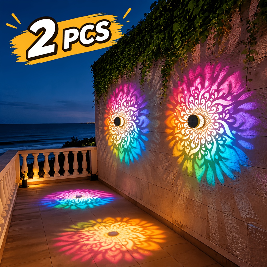 TEMU Set Of 2 Outdoor Solar-powered Table Lamps; Wall Lamps With Openwork Mandala Patterns And Changing Coloured Lights; Ideal For Birthday Parties,