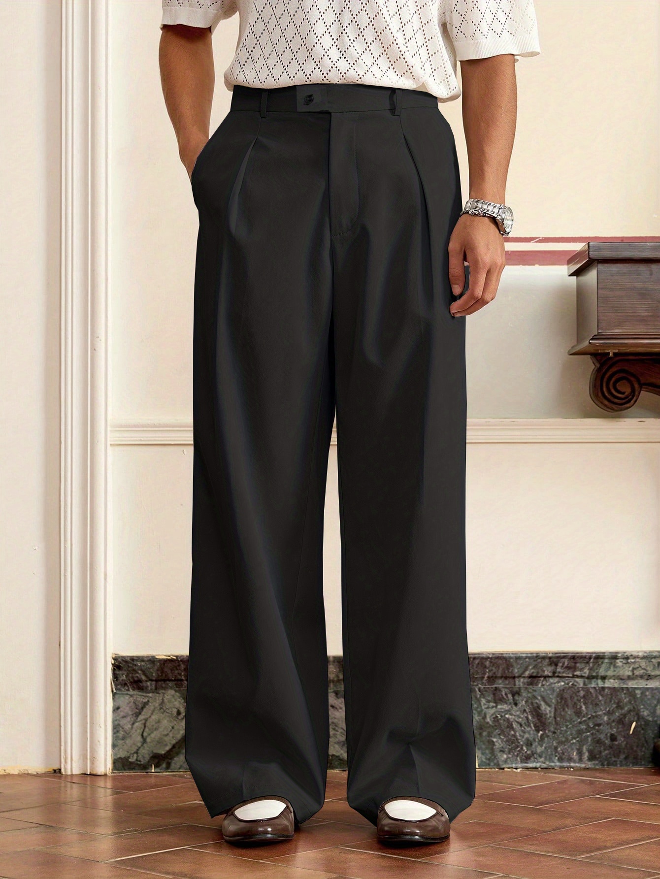 mens plus size wide trousers solid color casual wide pants - Temu Oman
