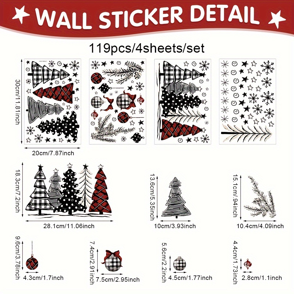 TEMU 119pcs Of Christmas Tree Window Stickers Featuring Grid Designs, Snowflakes, And Bell Decorations To Enhance The Festive Atmosphere
